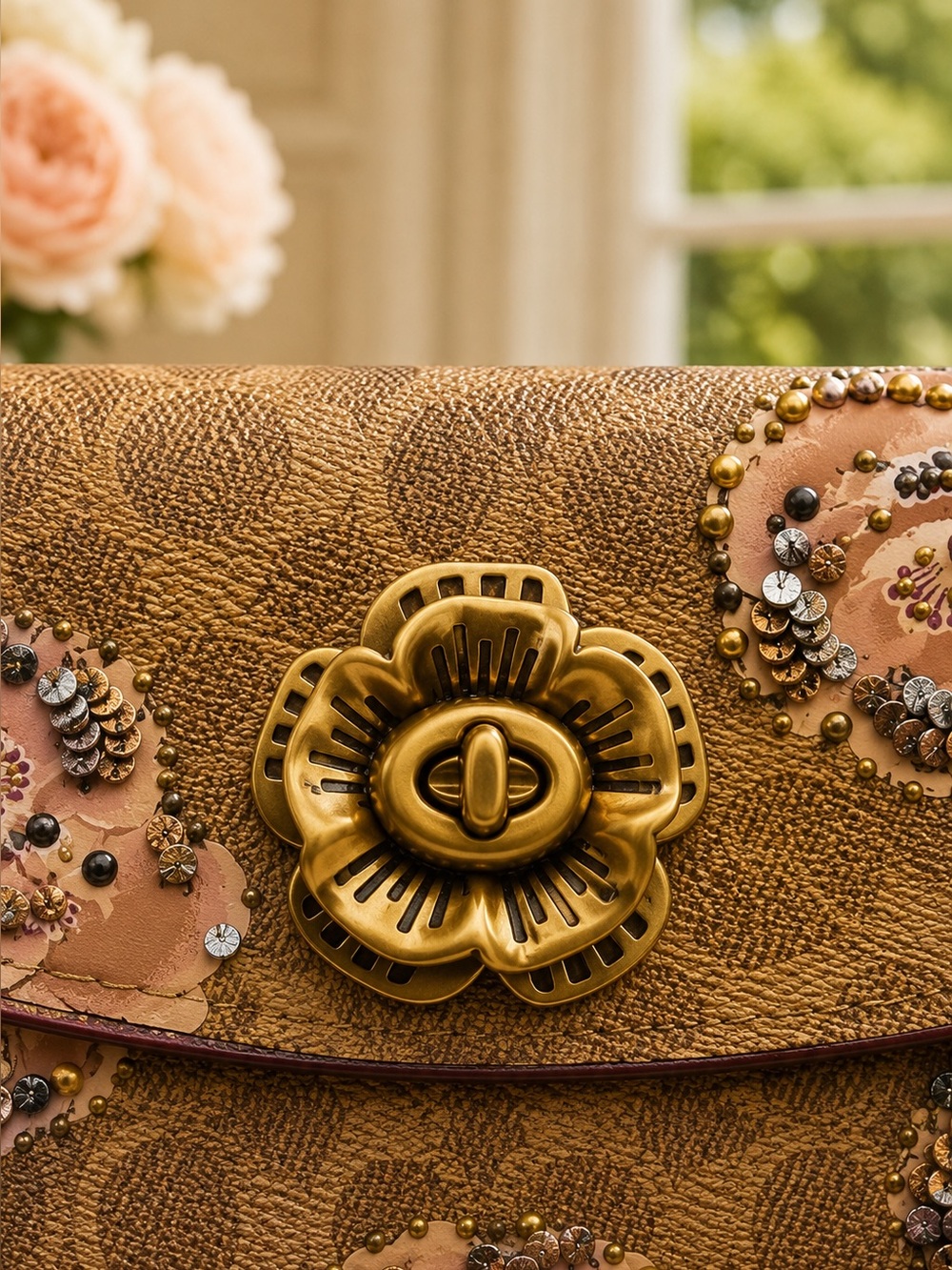 COACH Parker 18 Embellished Signature Rose Print | Tea Rose Turnlock - Picture 3 of 7